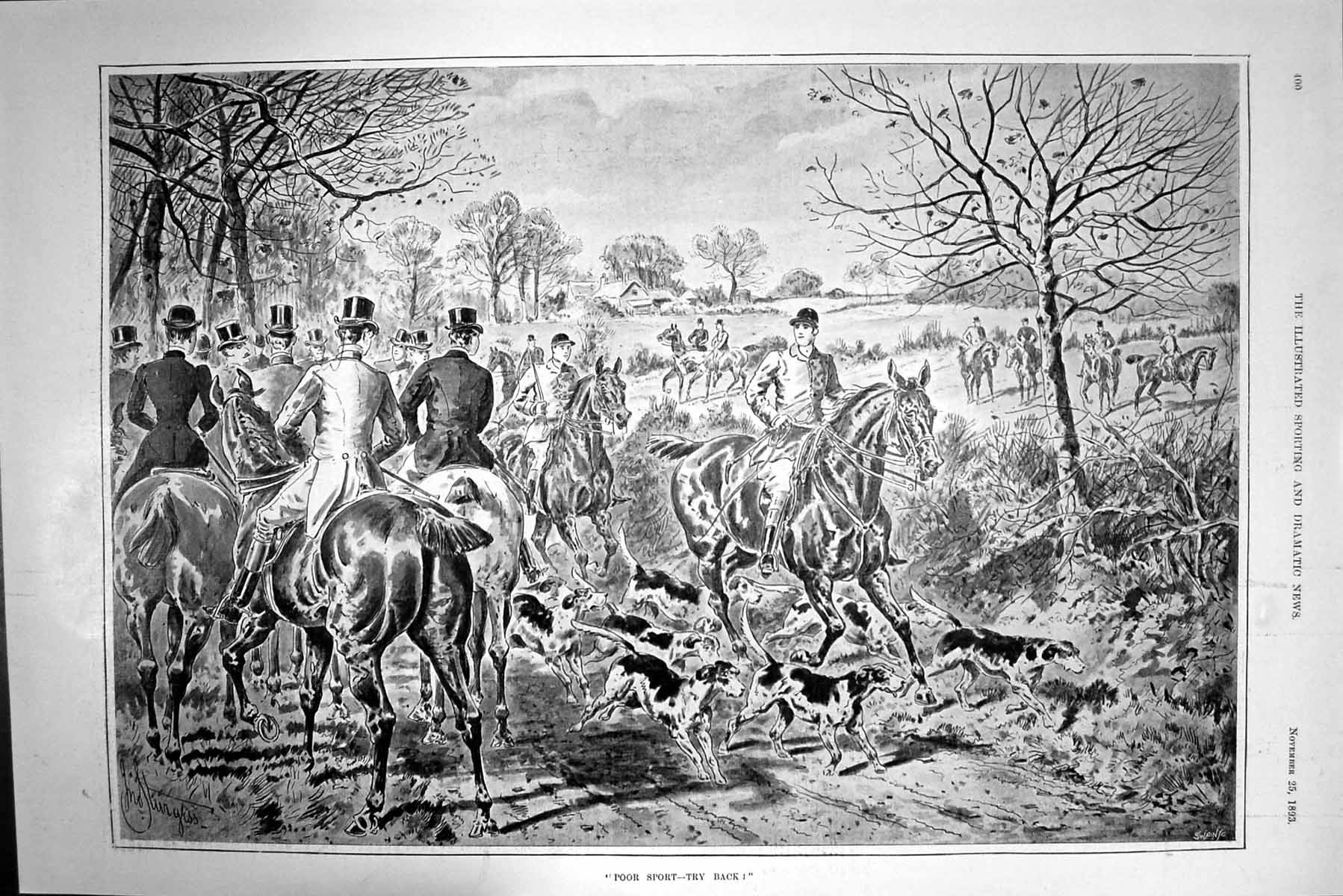 Antique Old Print 1893 Fox Hunting Horses Huntsmen Hounds Poor Sport Try Back
