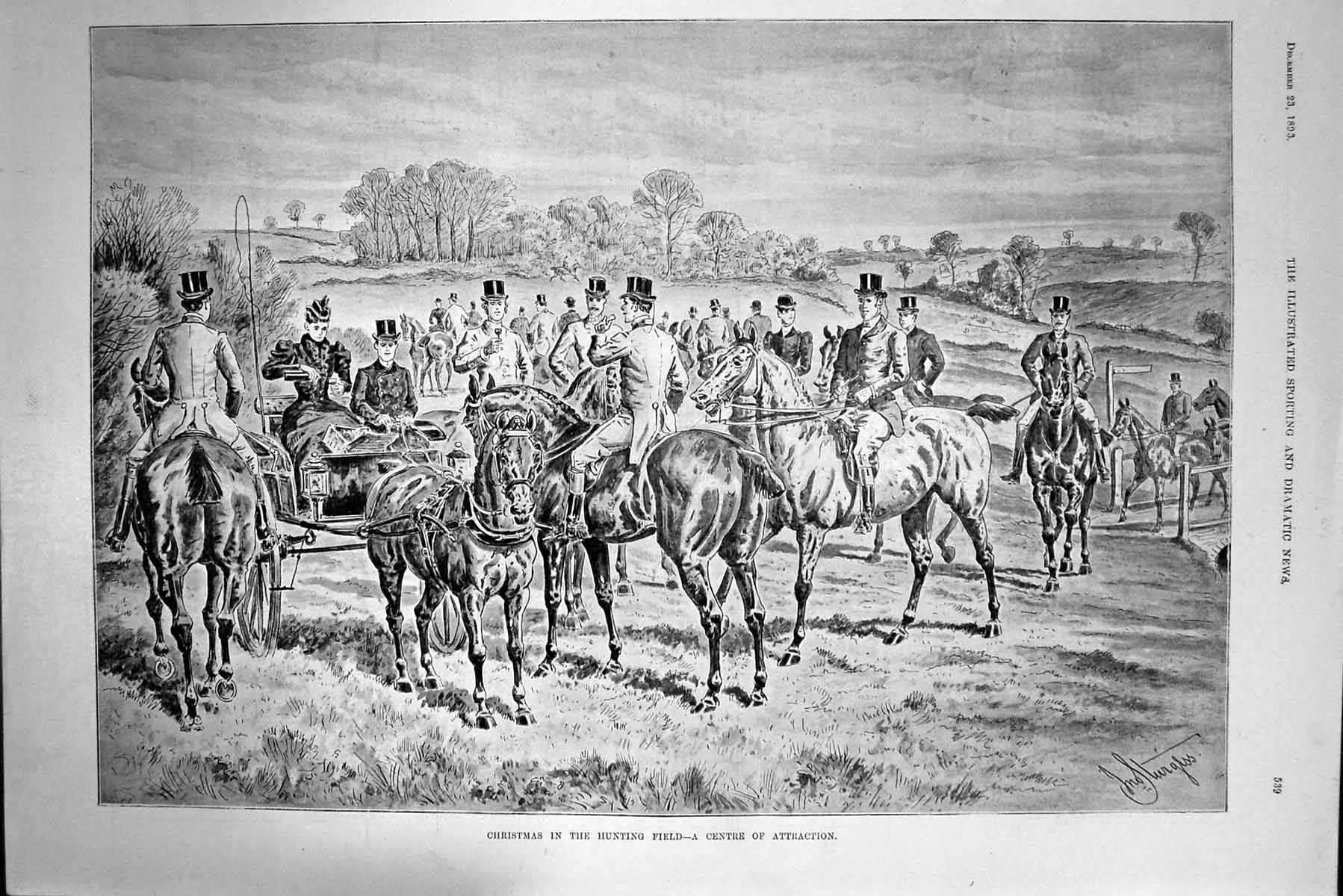 Old Antique Print Christmas Hunting Field Centre Attraction Horses 1893 19th