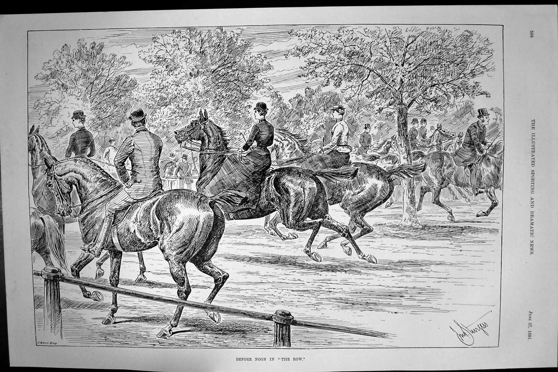 Old Antique Print 1891 Scene Before Noon Row Horses Huntsmen Ladies Sport 19th