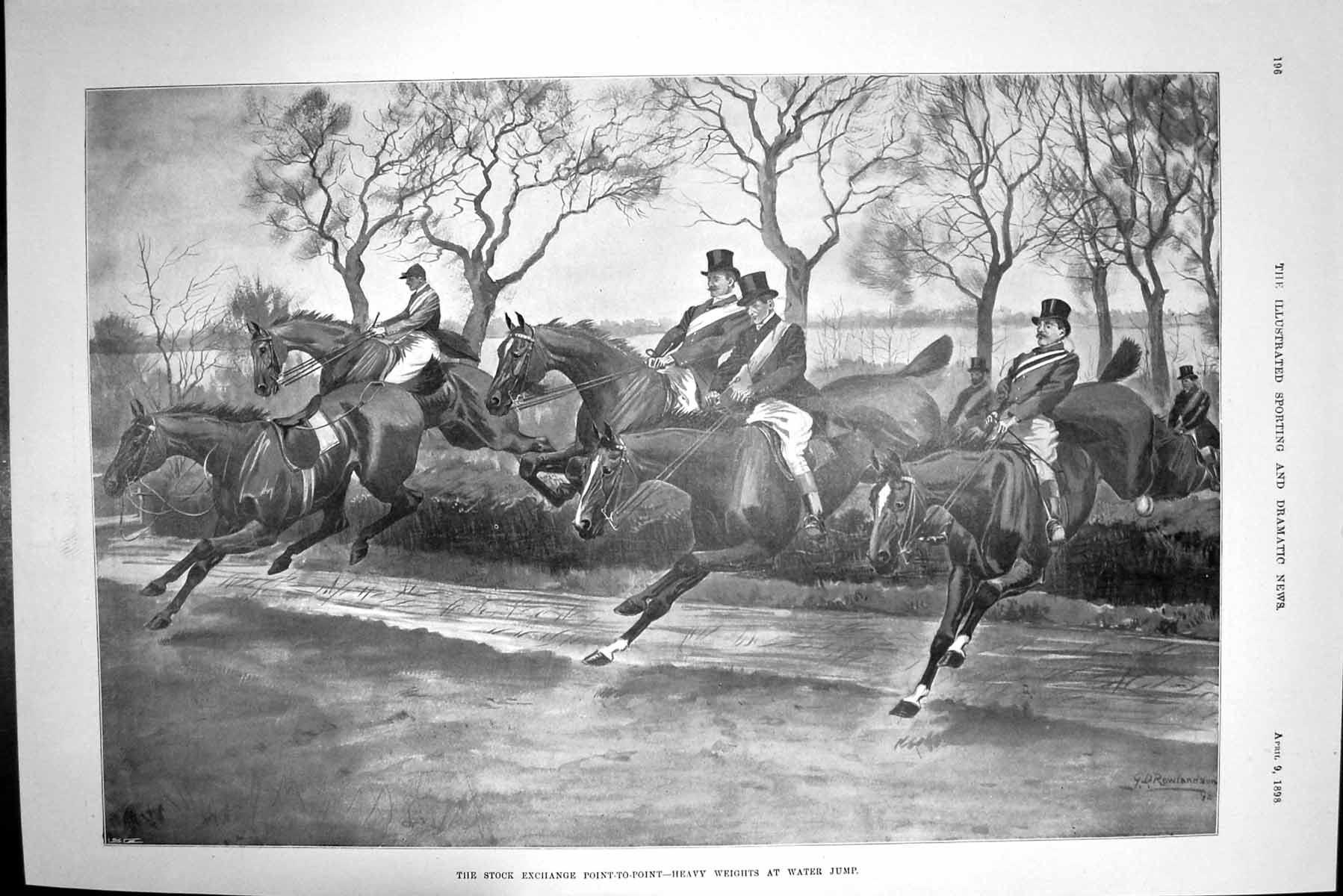 Antique Old Print 1898 Stock Exchange Point-To-Point Heavy Horses Water Jump
