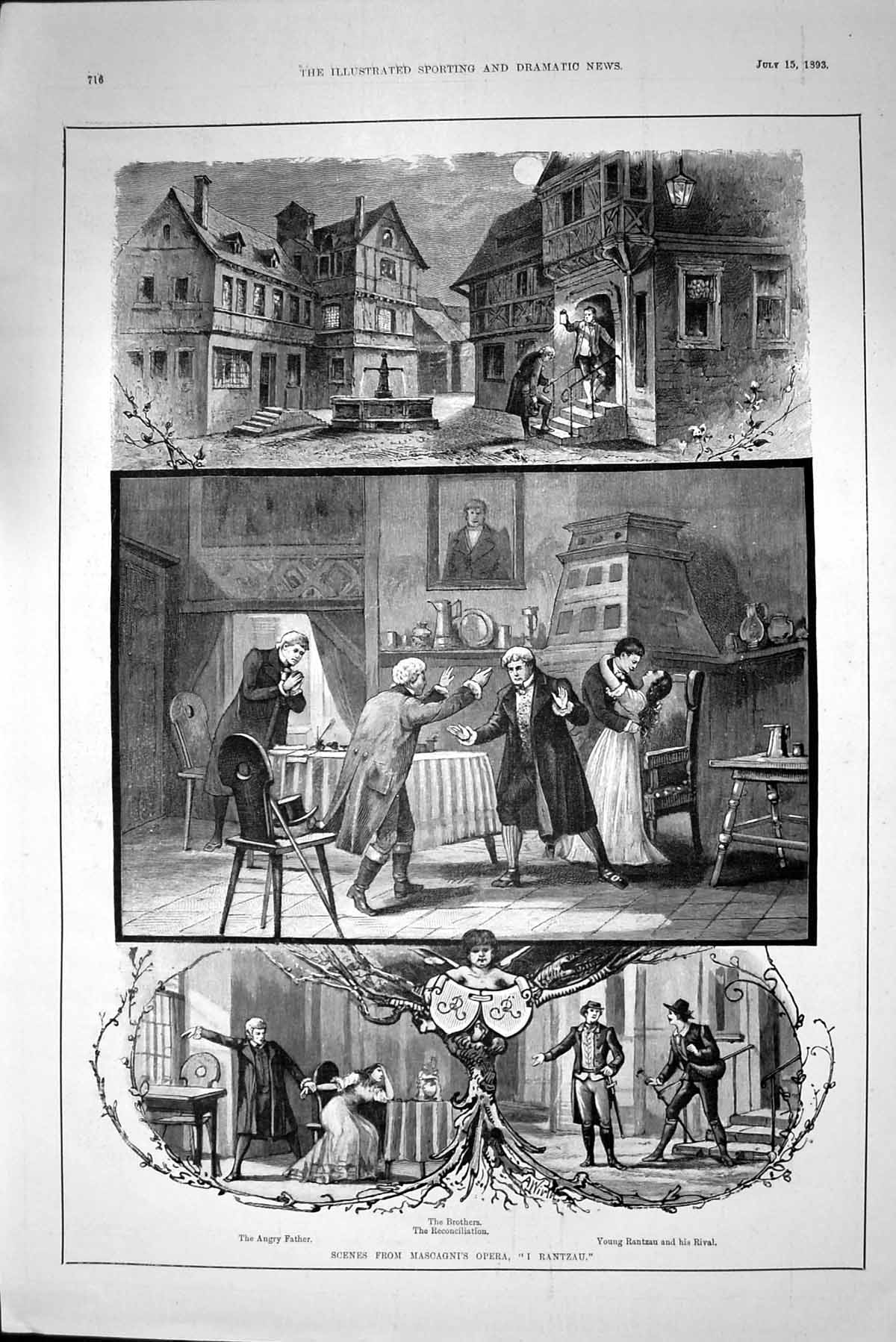 Antique Old Print 1893 Mascagni Opera Theatre Rantzau Brothers Reconciliation