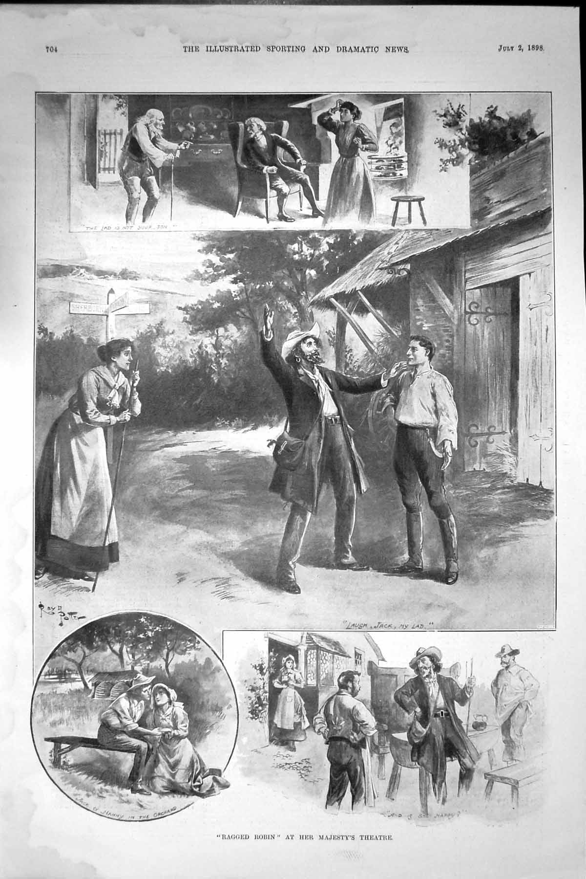 Original Old Antique Print Ragged Robin Scene Majesty'S Theatre Jack Nanny 1898