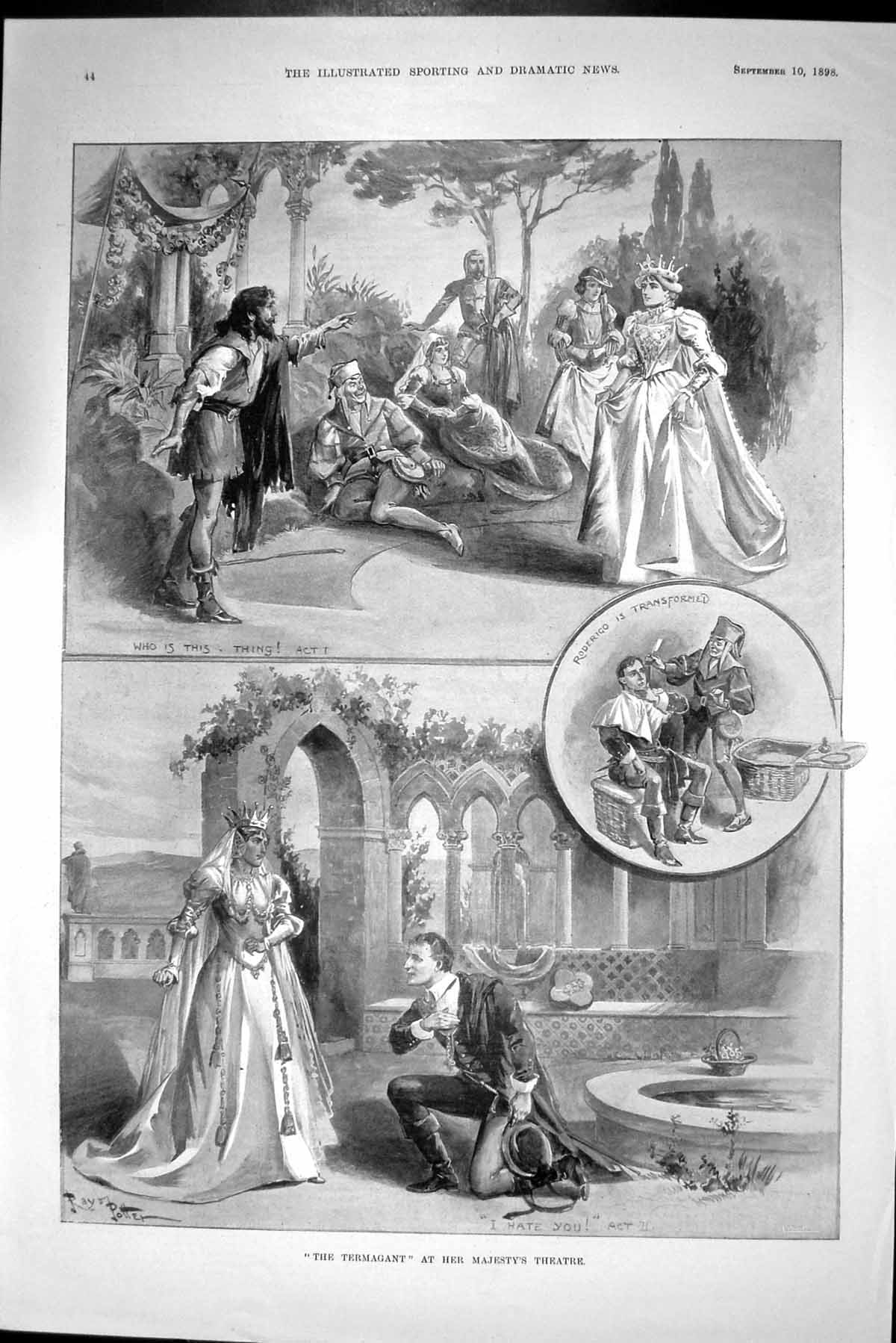 Original Old Antique Print 1898 Termagant Majesty'S Theatre Roderigo Romance