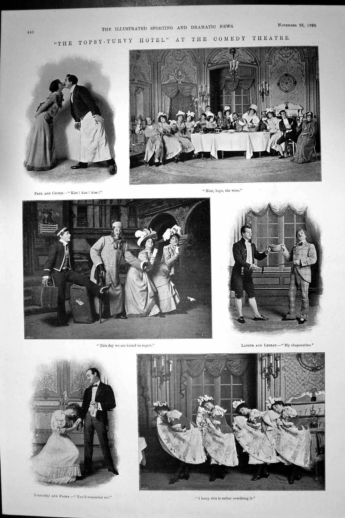 Old Print 1898 Topsy-Turvy Hotel Comedy Theatre Cecile Paul Flora Romance 19th