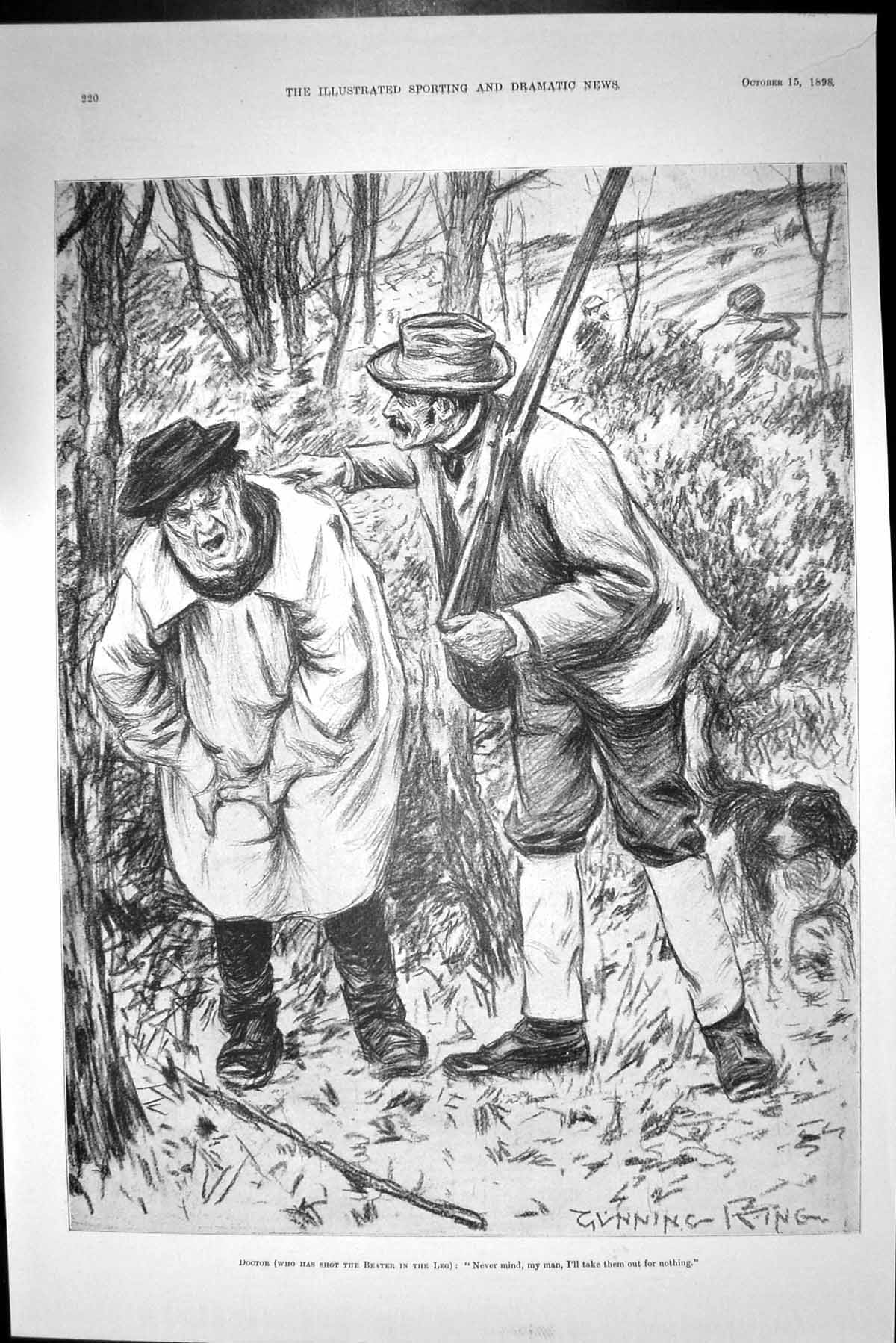 Old Antique Print 1898 Hunting Men Doctor Shot Beater In The Leg Hounds 19th