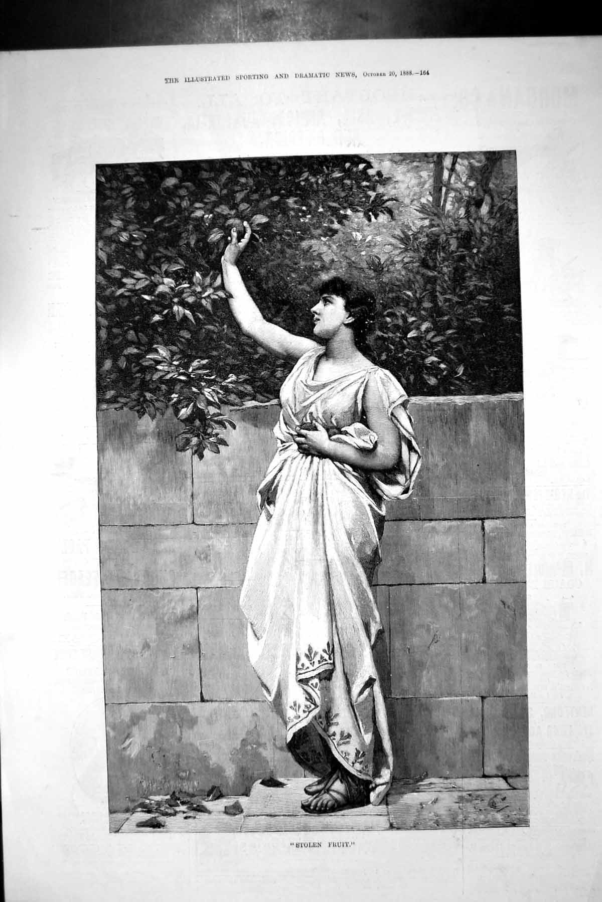 Original Old Antique Print 1888 Stolen Fruit Beautiful Woman Tree Victorian