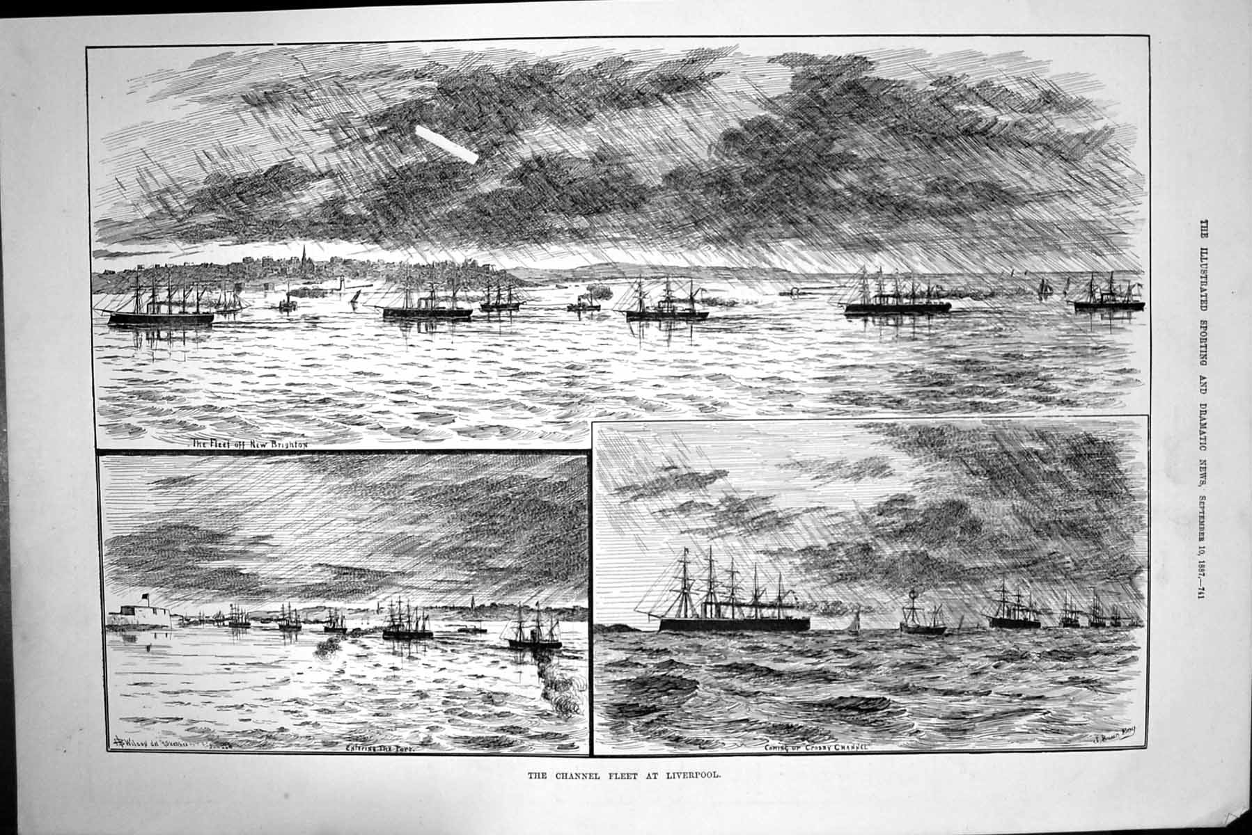 Antique Old Print 1887 Channel Fleet Ships Liverpool Crosby Channel Brighton
