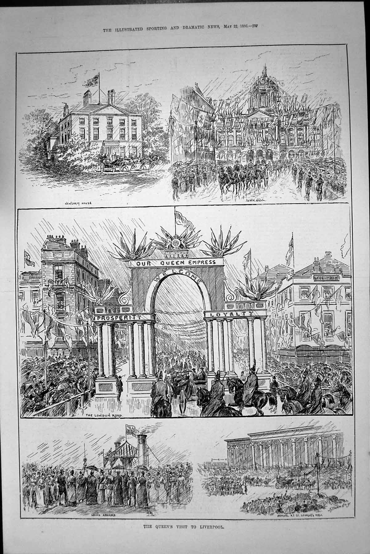 Old Print 1886 Queen England Visit Liverpool Newsham House George'S Hall 19th