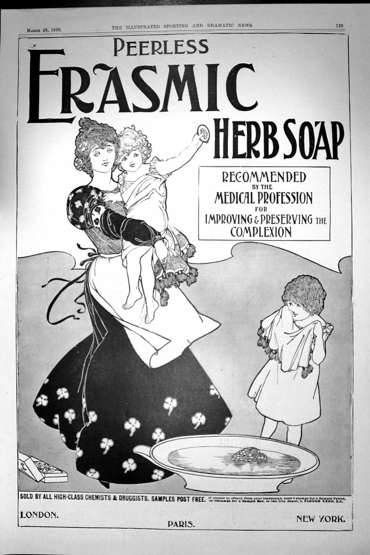 Original Old Antique Print 1898 Advertisement Peerless Erasmic Soap Victorian