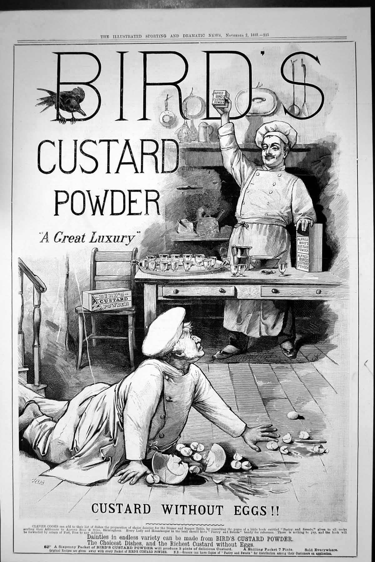 Original Old Antique Print Bird'S Custard Powder Broken Eggs Advertisement 1889