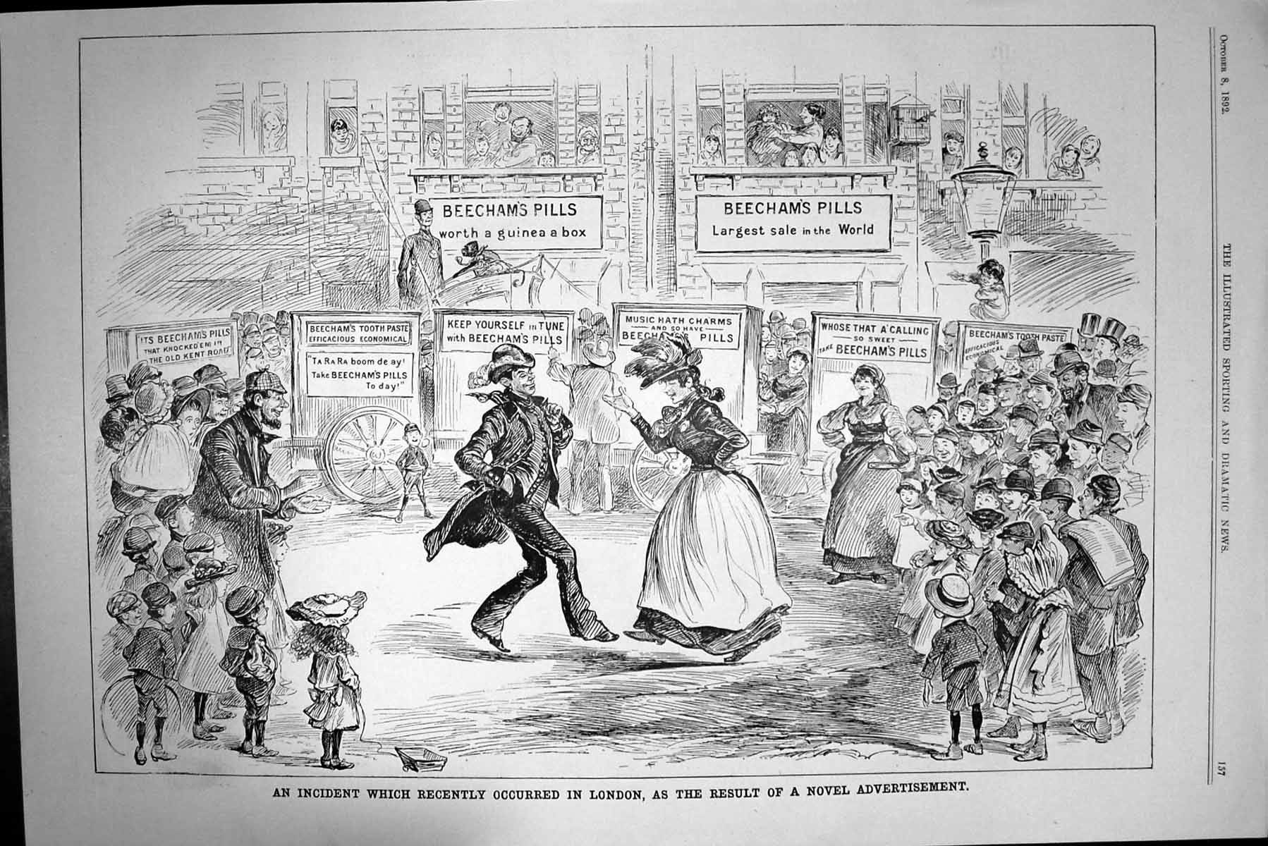 Old Antique Print Beechams Pills Street Entertainment Advertisement 1892 19th