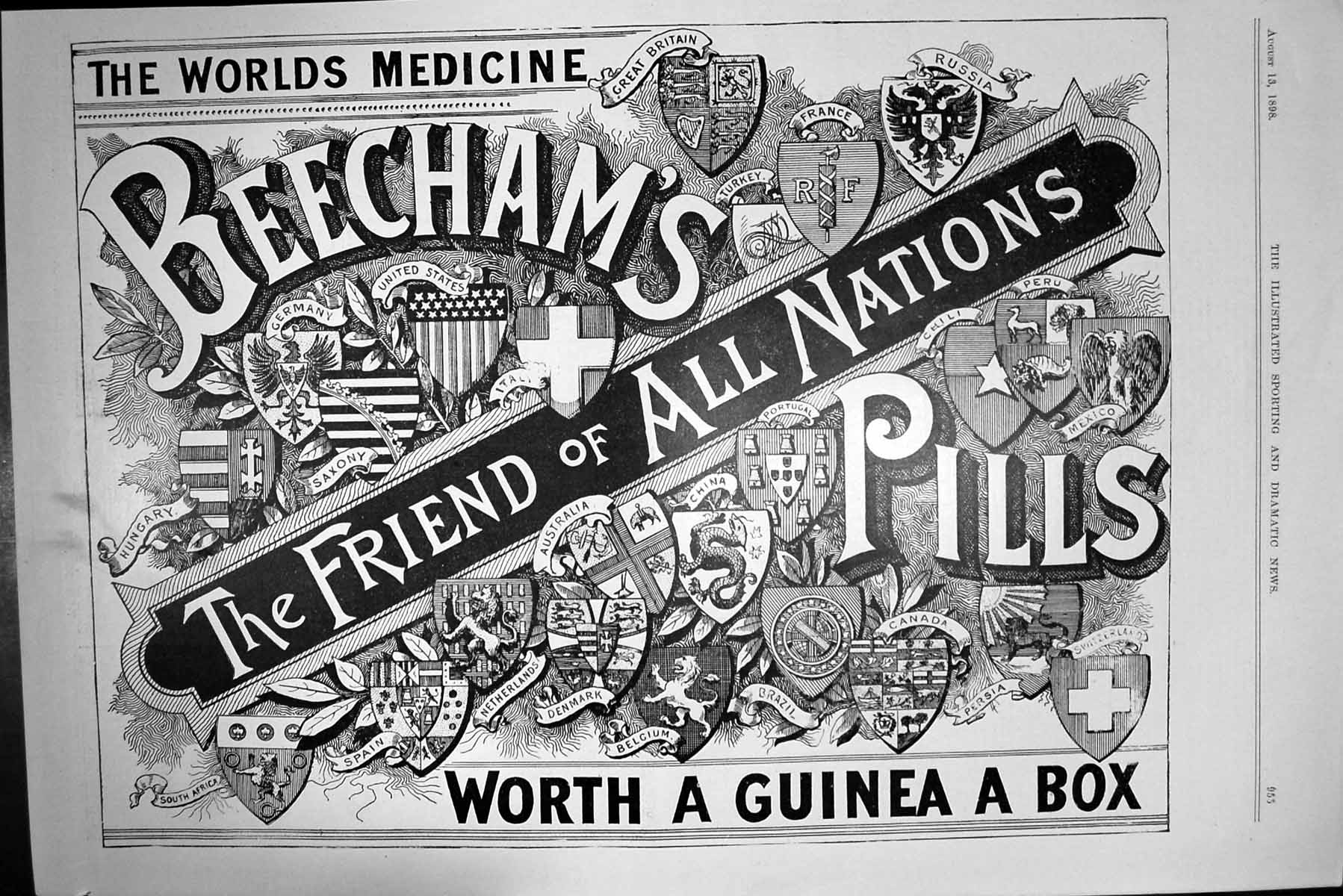 Original Old Antique Print Beechams Pills Friend All Nations Advertisement 1898