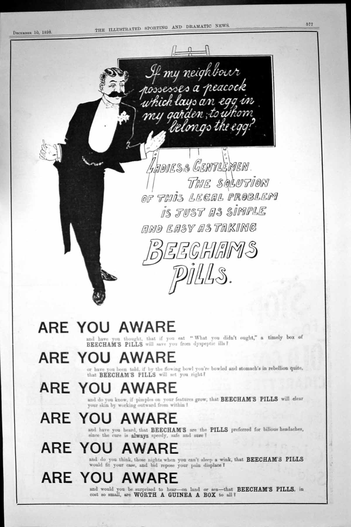 Original Old Antique Print Beechams Pills Teacher Blackboard Advertisement 1898