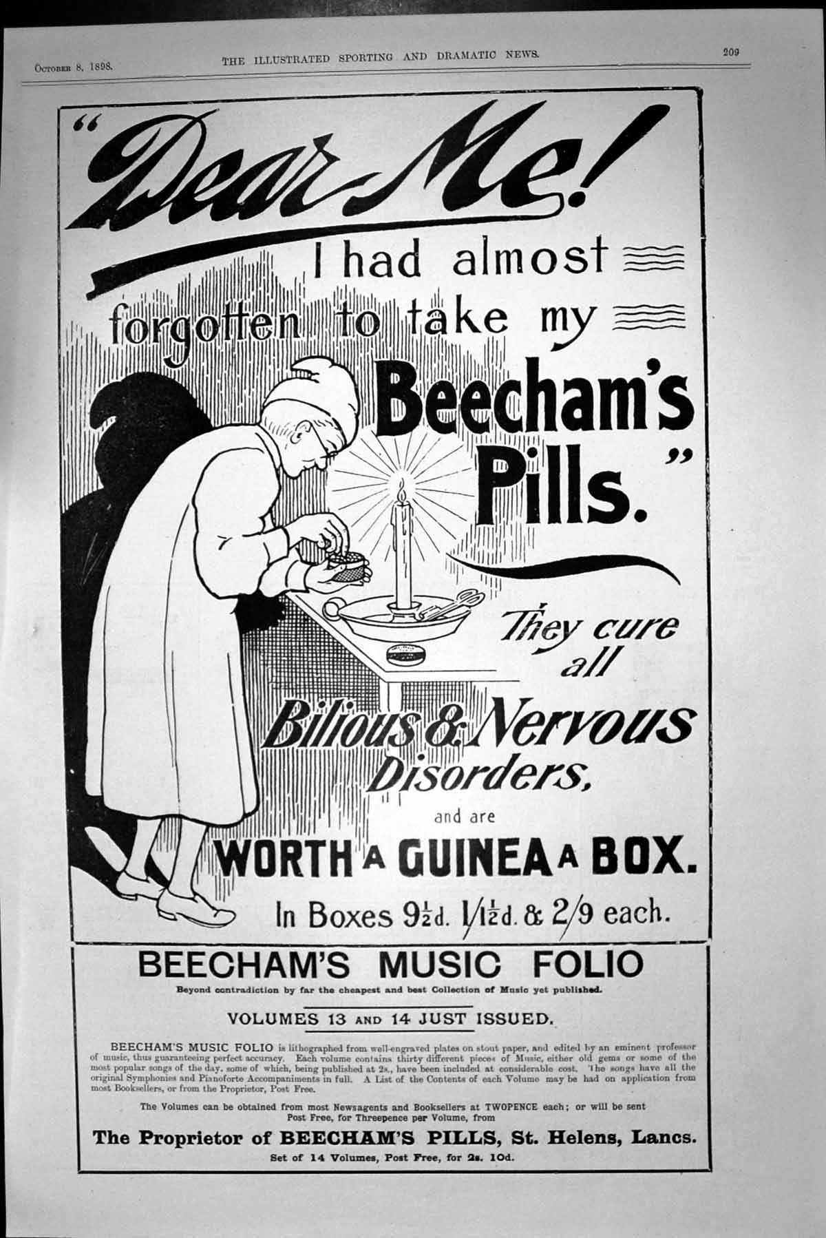 Antique Old Print Beechams Pills Candle Bilious Disorders Advertisement 1898
