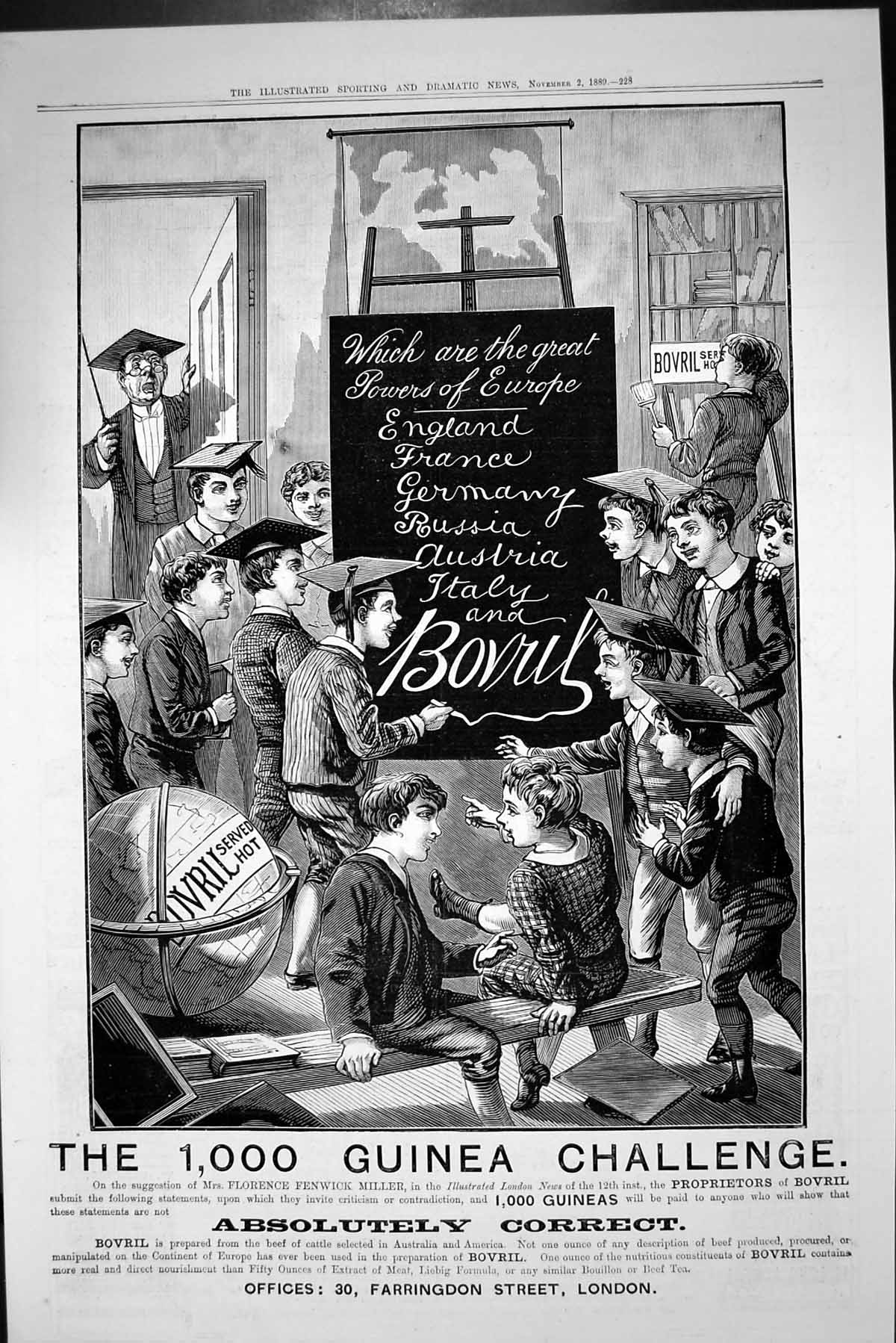 Original Old Antique Print Bovril Children School Teacher Advertisement 1889