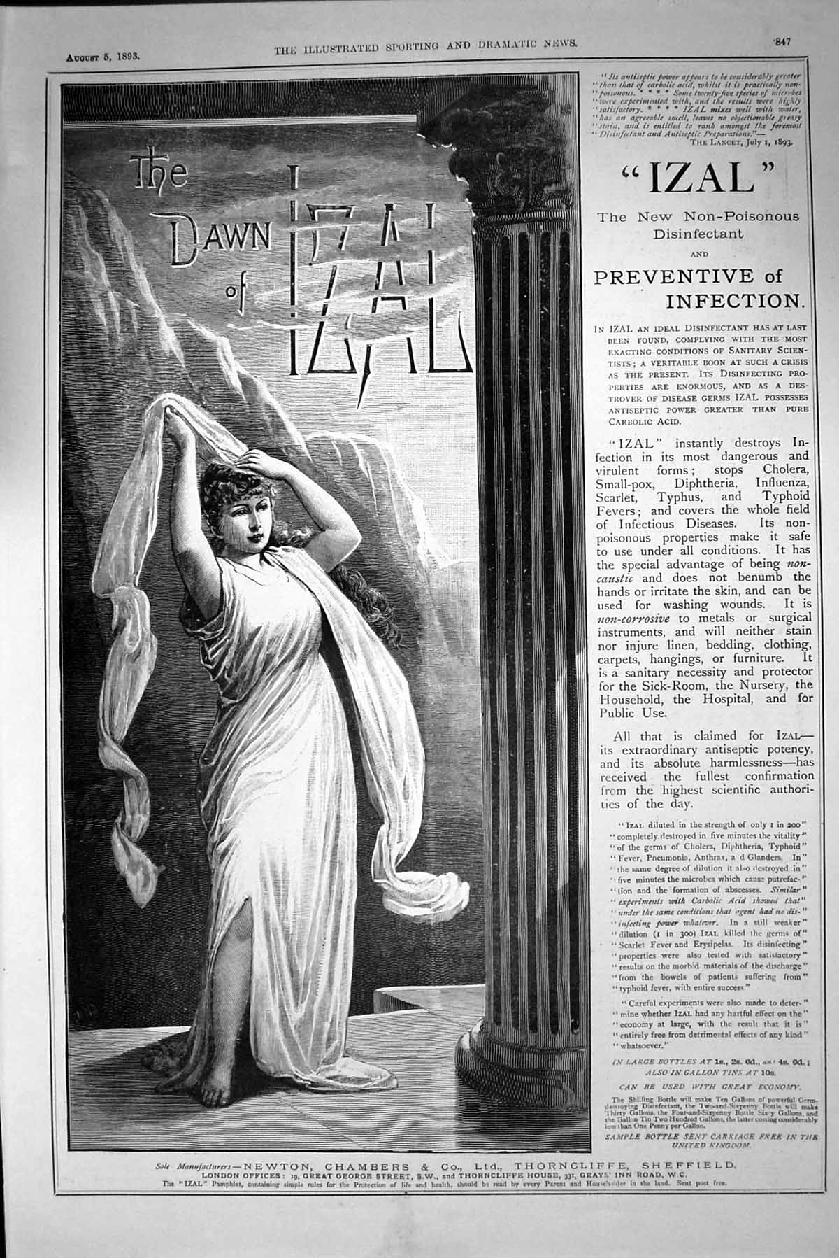 Antique Old Print Dawn Izal Newton Chambers Thorncliffe Advertisement 1893 19th