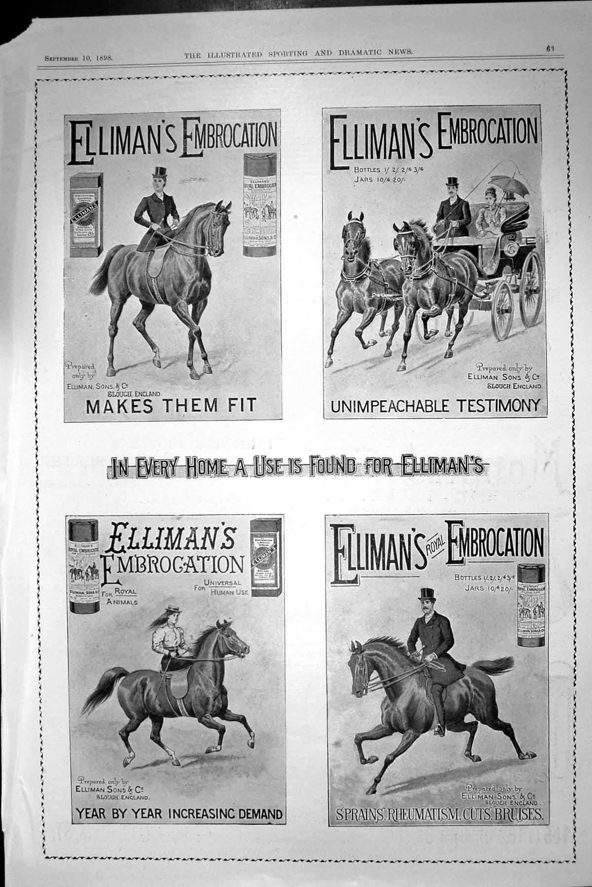 Original Old Antique Print Ellimans Embrocation Horses Cart Advertisement 1898