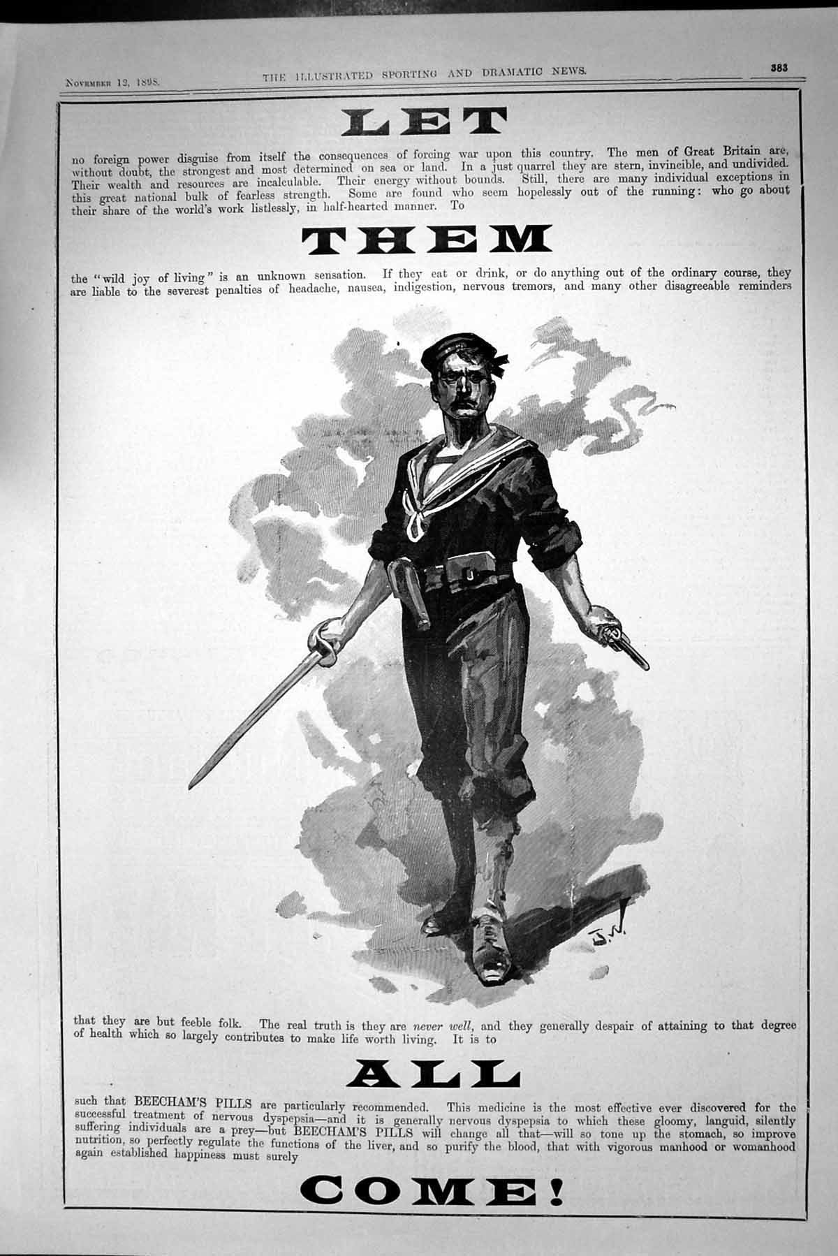 Original Old Antique Print Advertisement 1898 Beechams Pills Sailors Sword Gun