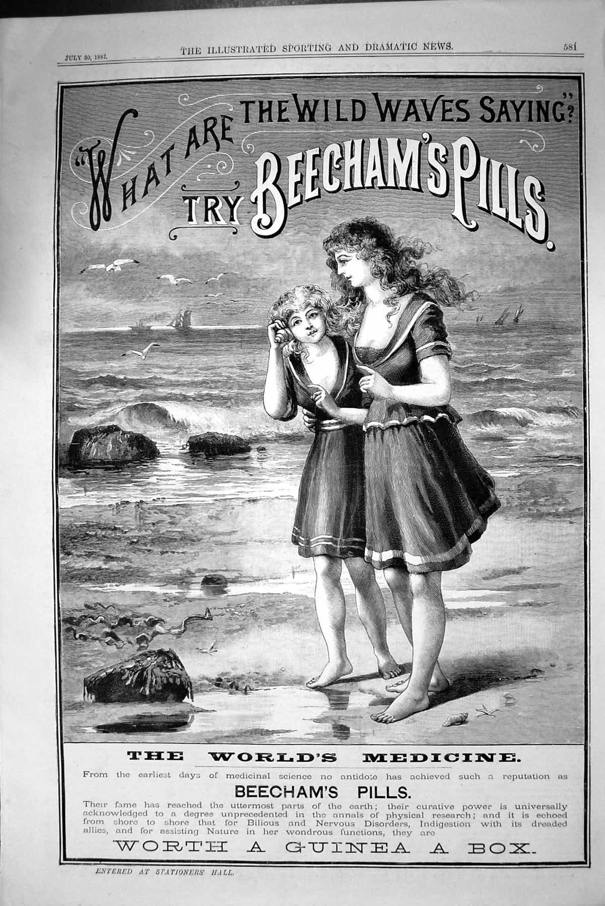 Antique Old Print Beechams Pills Young Girls Beach Scene Advertisement 1887