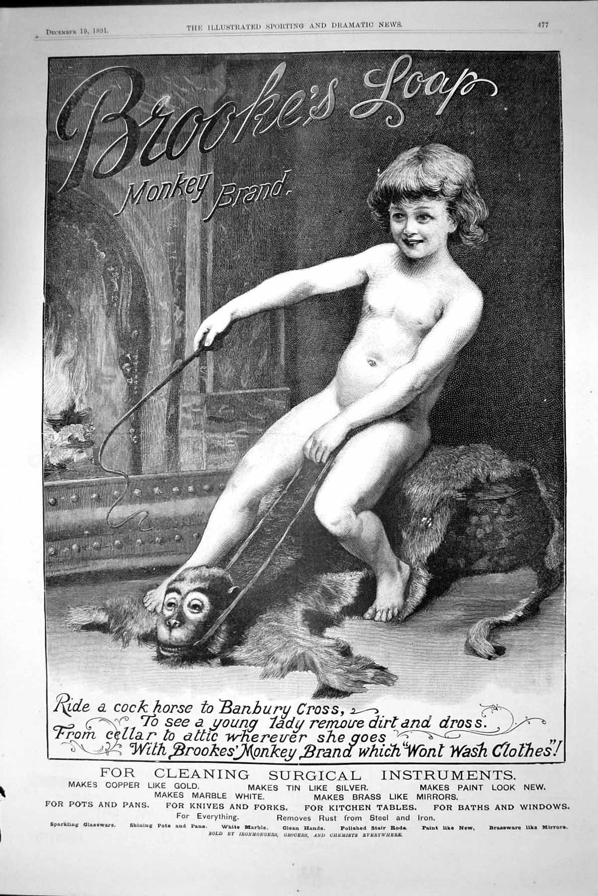 Old Brookes Monkey Brand Soap Young Child Fur Rug Advertisement 1891 Victorian