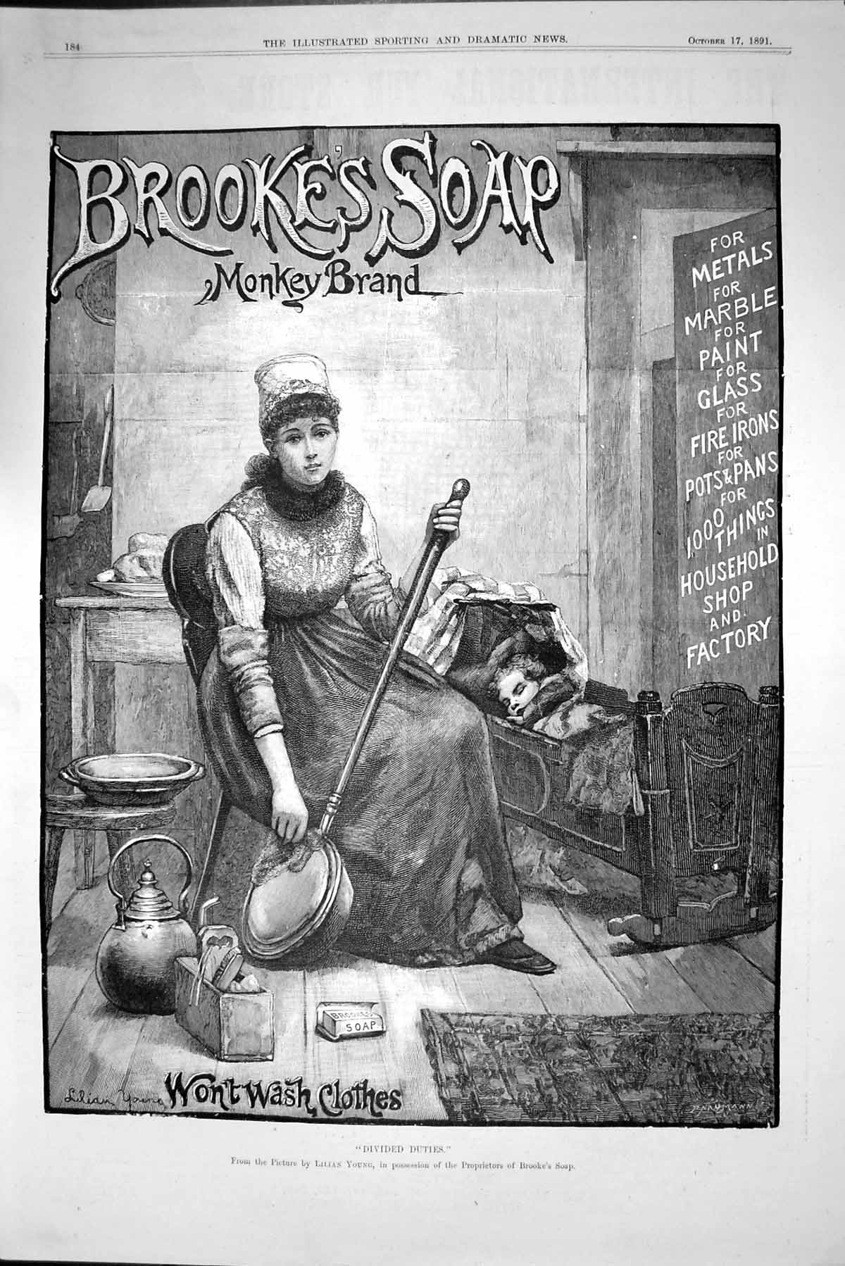 Old Print Brookes Monkey Brand Soap Lady Washing Pans Advertisement 1891 19th