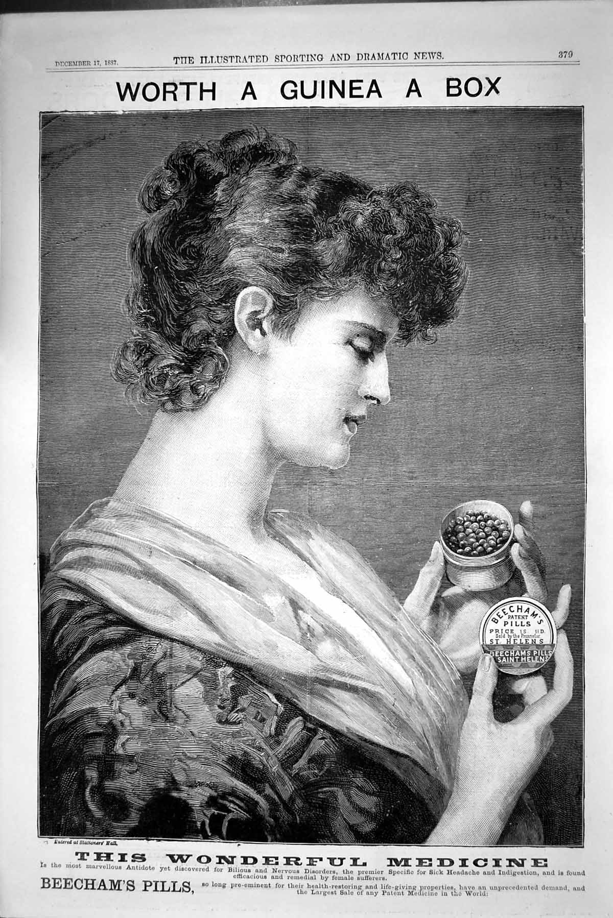 Old Antique Print Beechams Pills Young Woman Pill Box Advertisement 1887 19th