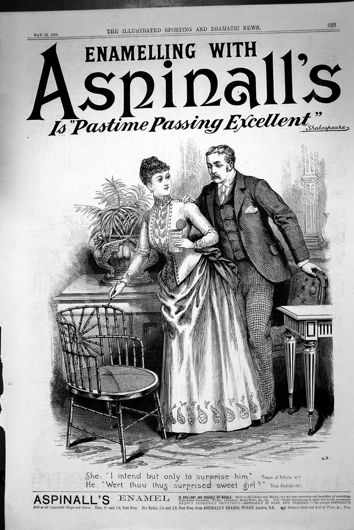 Antique Print Advertisement 1889 Aspinall'S Enamel Lady Man Painting Chair 19th