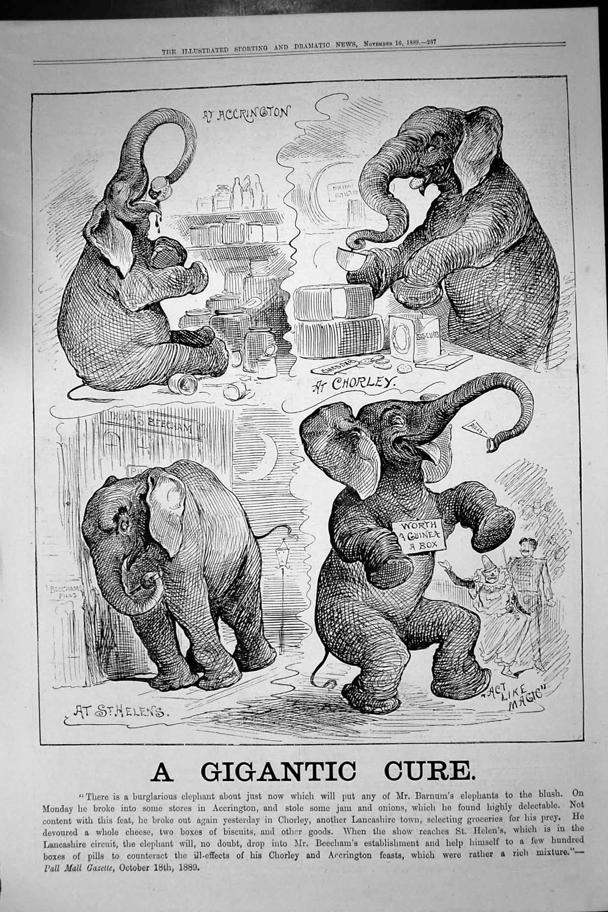 Antique Print Advertisement 1889 Beechams Pills Elephant Chorley St. Helens