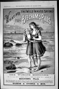 Antique Old Print Beechams Pills Children Beach Sea Scene Advertisement 1889
