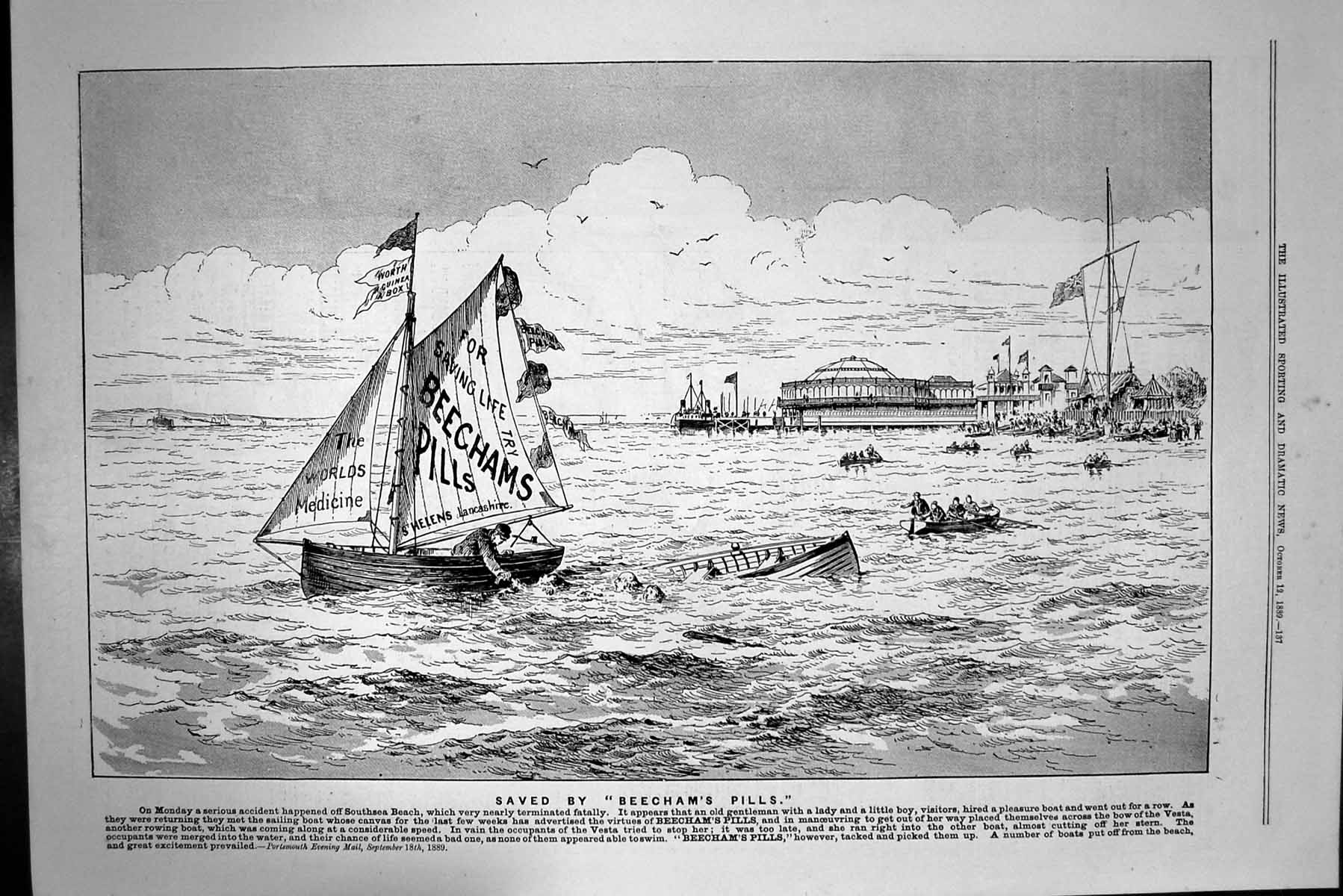 Antique Old Print Beechams Pills Sailing Yacht Sea Scene Advertisement 1889