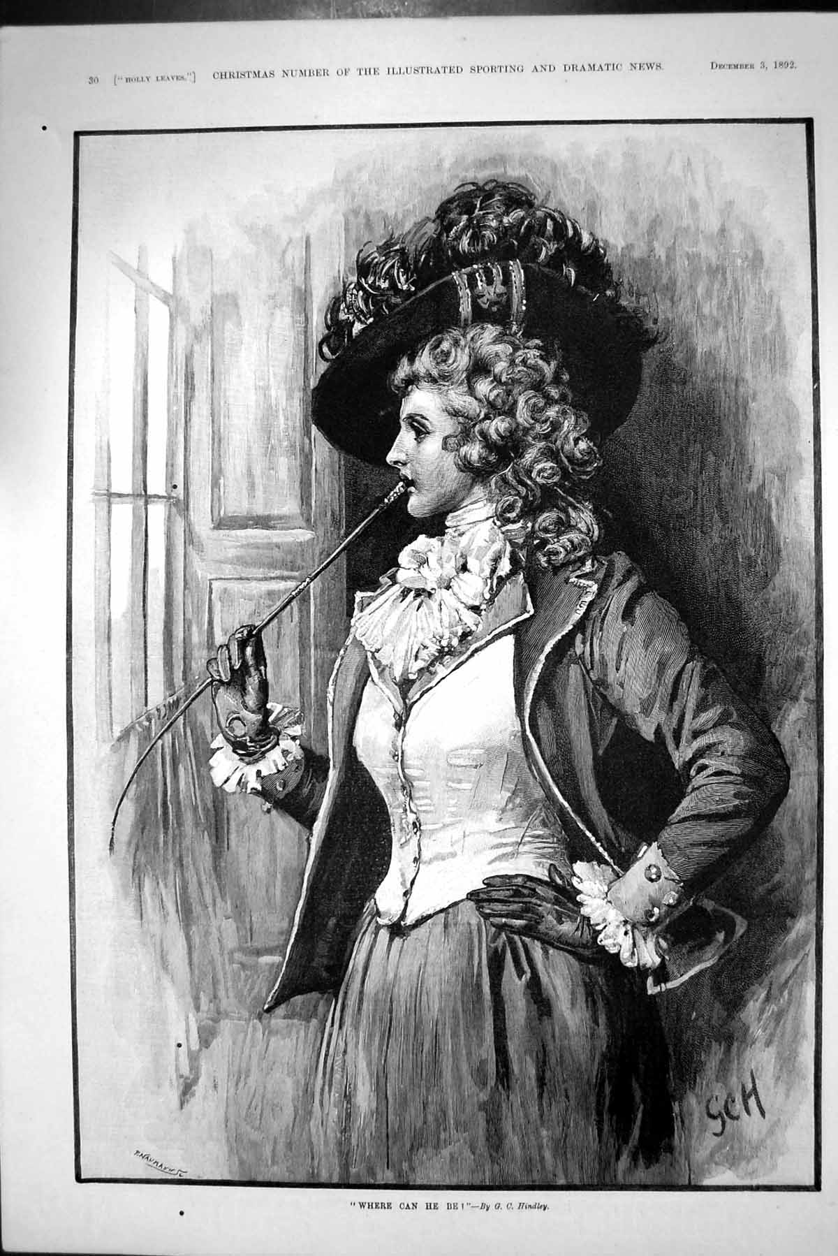 Antique Old Print 1892 Beautiful Woman Hunting Dress Looking Out The Window