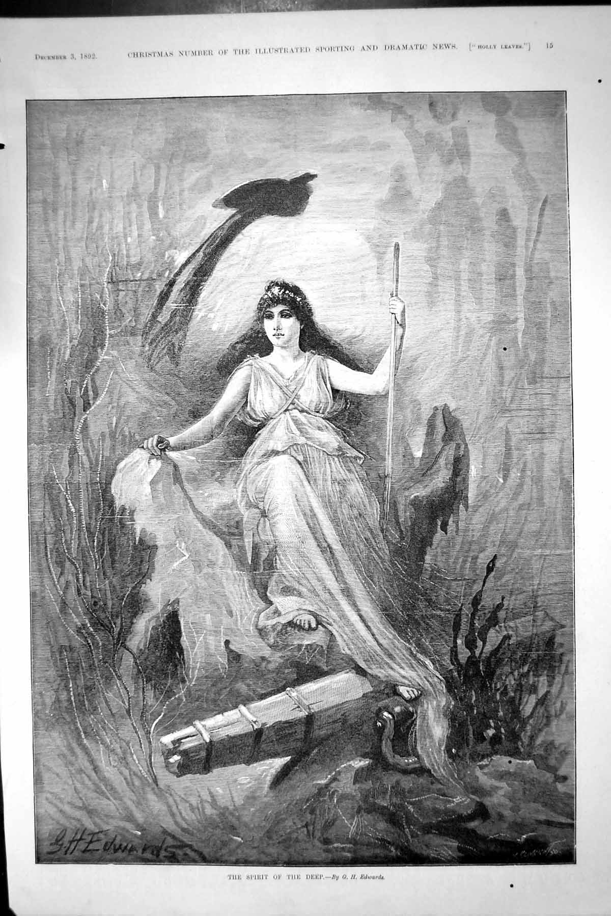 Original Old Antique Print 1892 Spirit The Deep Beautiful Young Woman Edwards