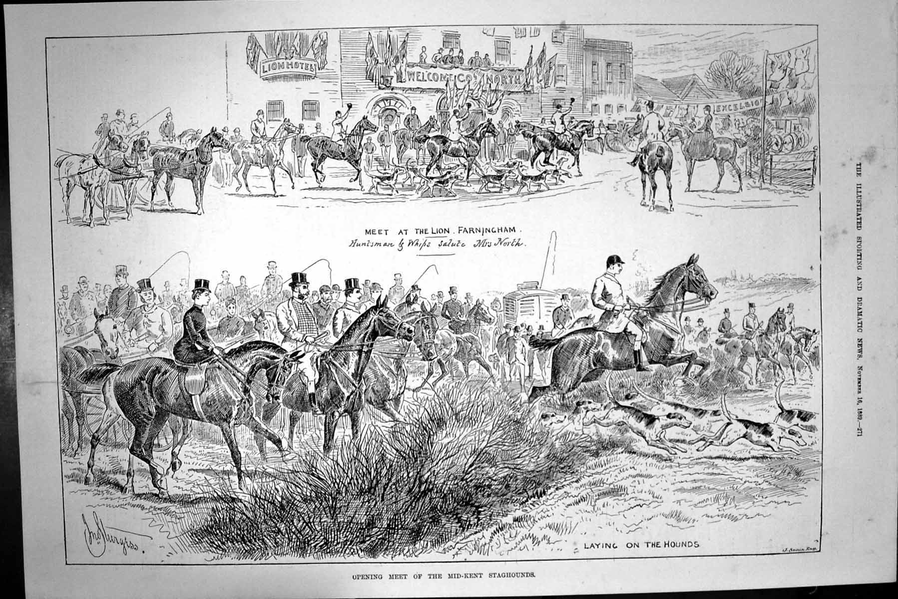Old Antique Print 1889 Mid-Kent Staghounds Lion Hotel Farningham Huntsmen 19th