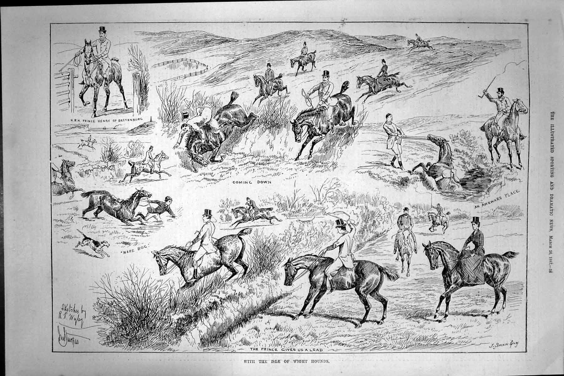 Old Antique Print 1887 Isle Wight Hounds Hunting Prince Henry Battenburg 19th