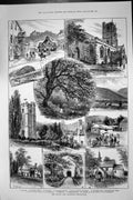 Old Print 1889 Devon Somerset Cloutsham Luccombe Church Dunster Minehead 19th