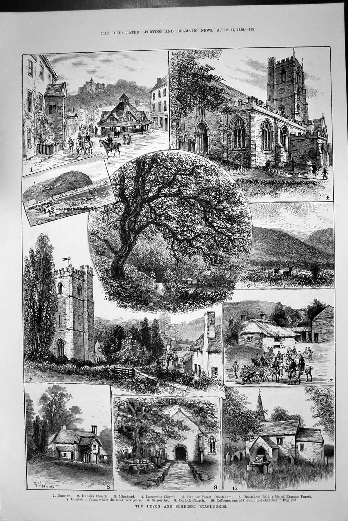 Old Print 1889 Devon Somerset Cloutsham Luccombe Church Dunster Minehead 19th
