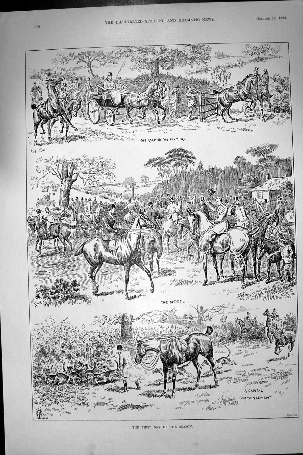 Original Old Antique Print 1895 First Day Hunting Season Horses Hounds Dogs