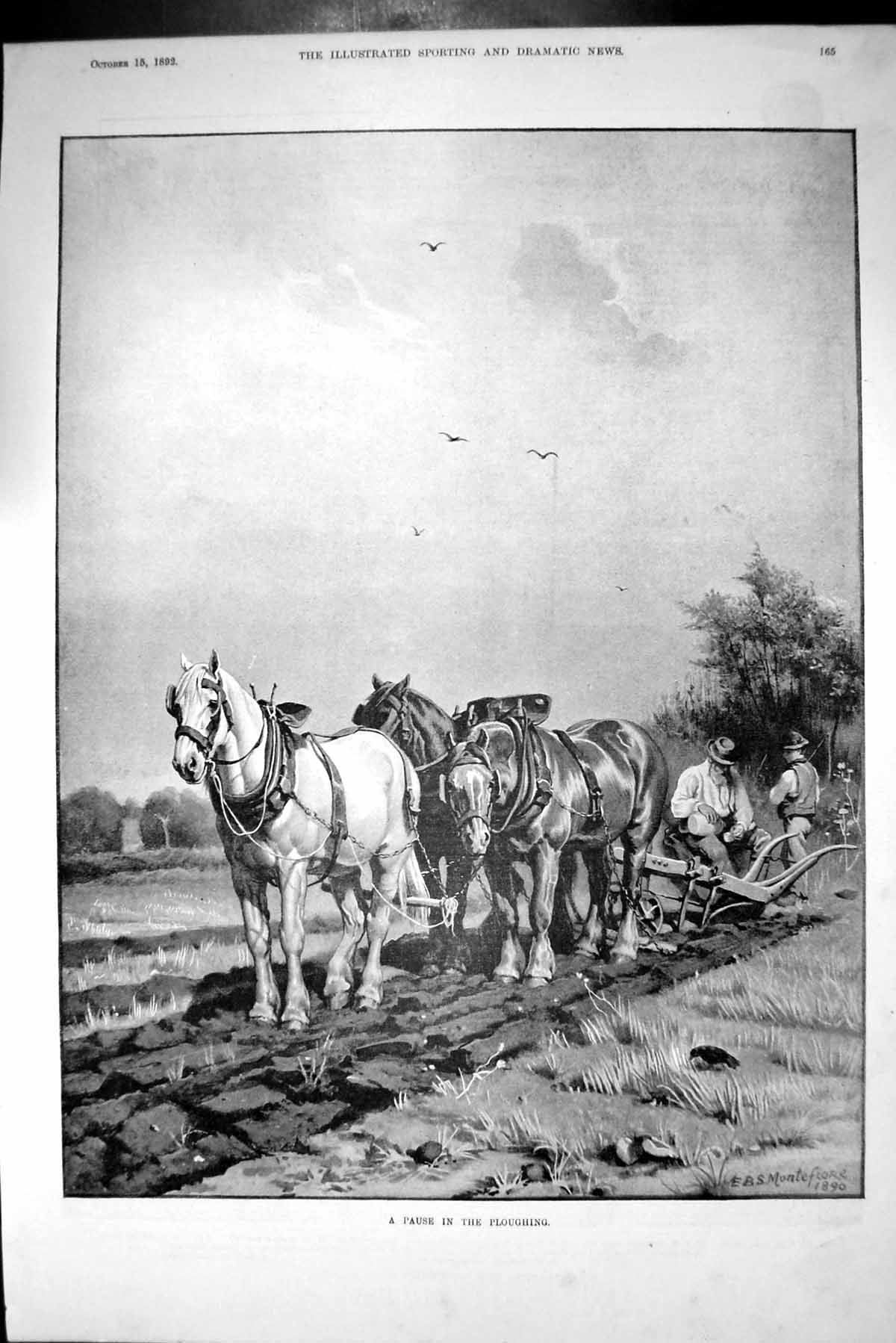 Original Old Antique Print Farming Agriculture Ploughing Horses Field 1892 19th