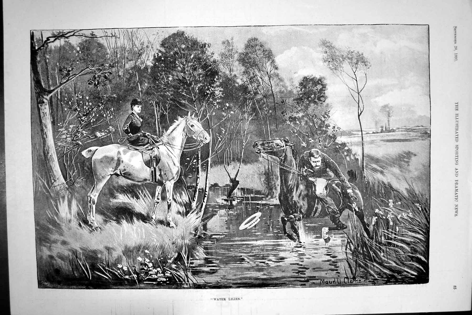 Original Old Antique Print 1891 Water Lilies Flower Horses Man Lady Romance