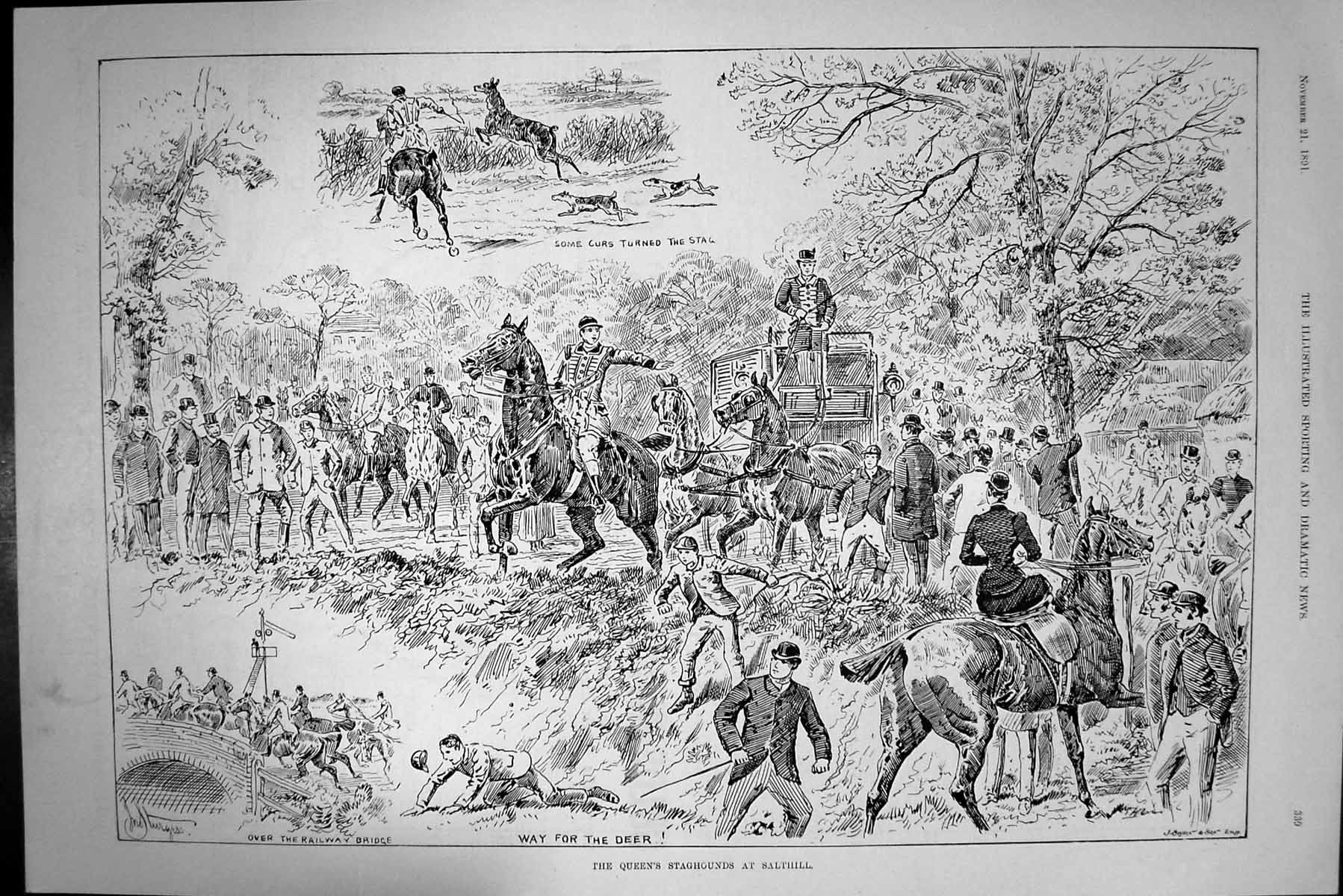 Original Old Antique Print Queen Staghounds Sathill Fox Hunting Horses 1891