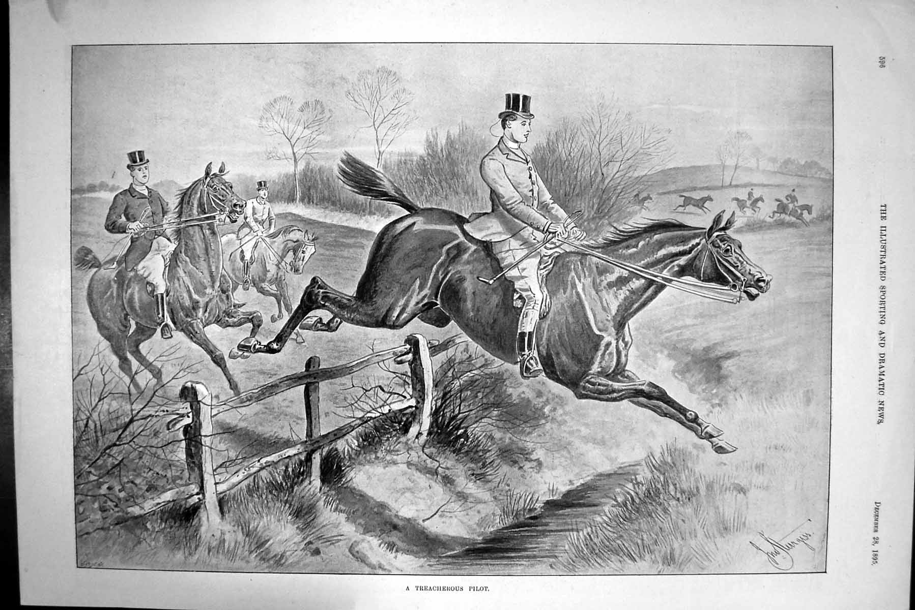 Original Old Antique Print Treacherous Pilot Fox Hunting Horses Sport 1895 19th