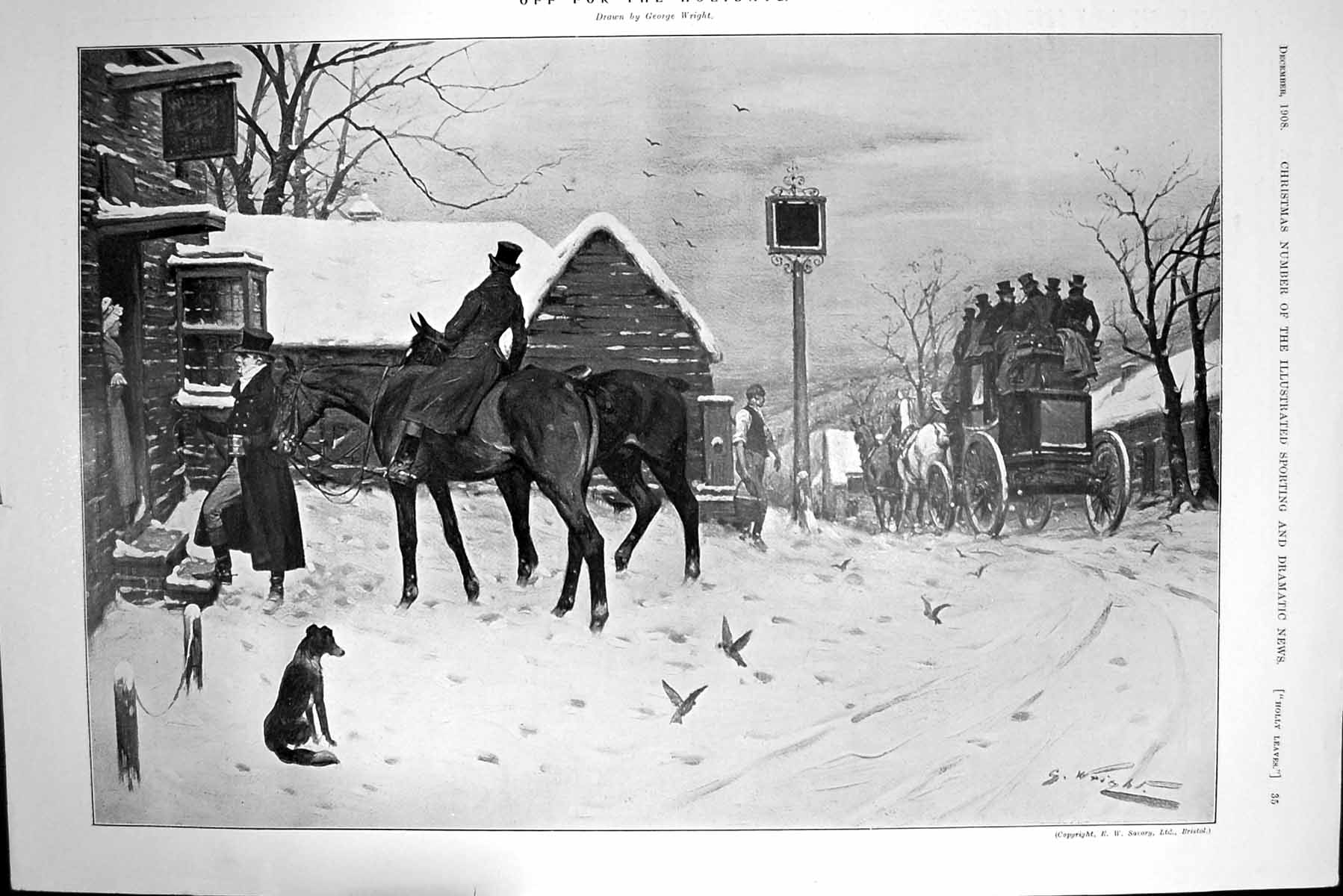 Antique Print Winter Scene Horses Transport Coach Off For The Holidays 1908