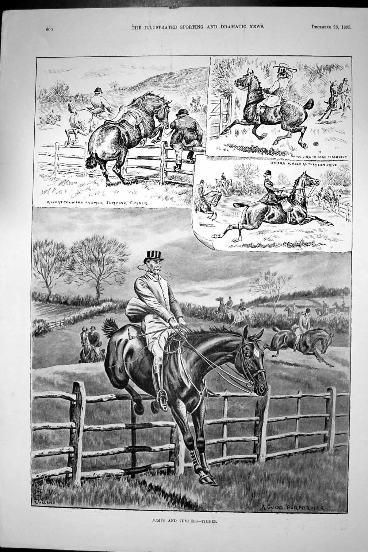 Antique Old Print 1895 Jumps Jumpers Timber Fence Farmer Horses Fox Hunting