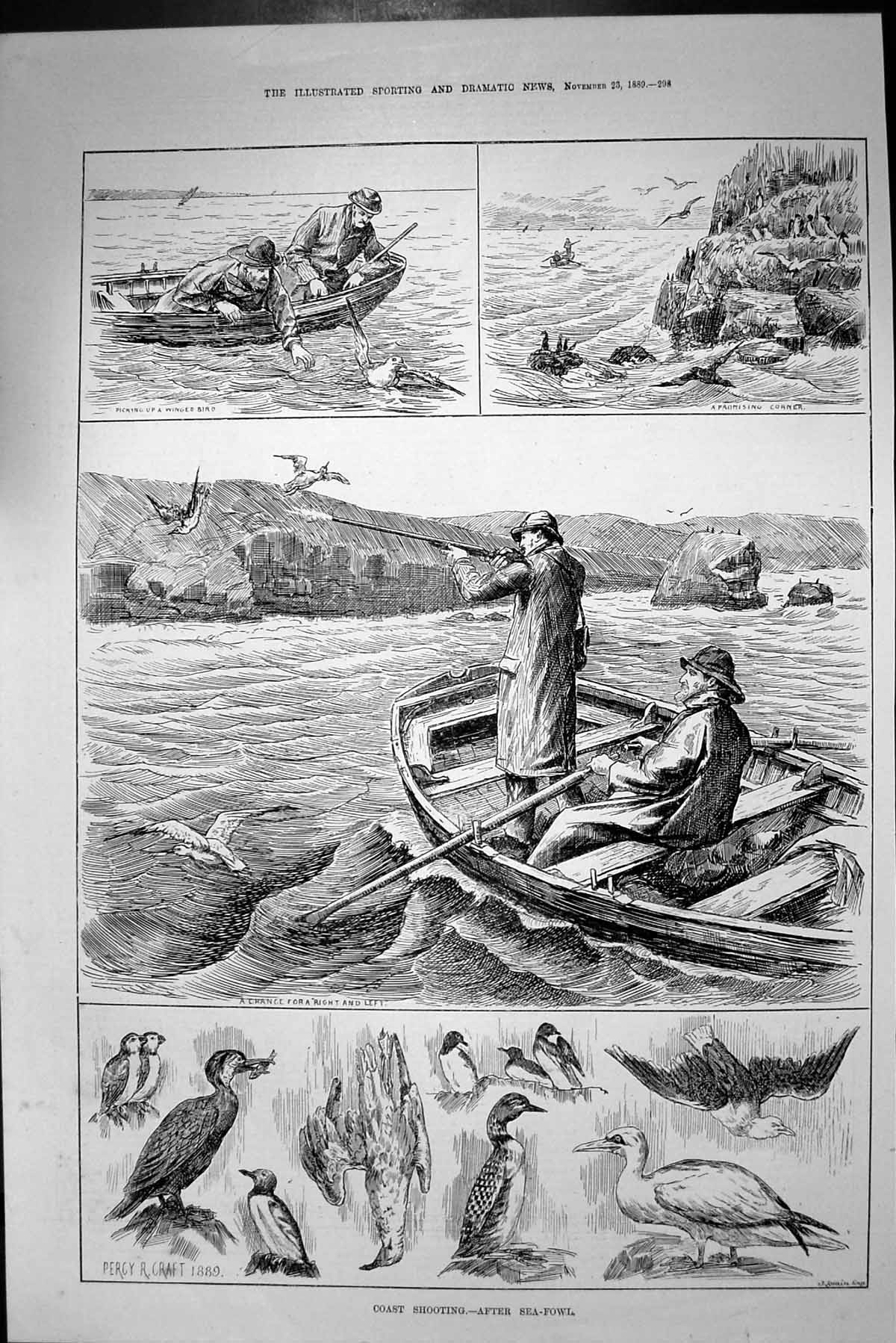 Old Antique Print 1889 Coast Shooting Sea Boat Fowl Birds Hunting Craft 19th