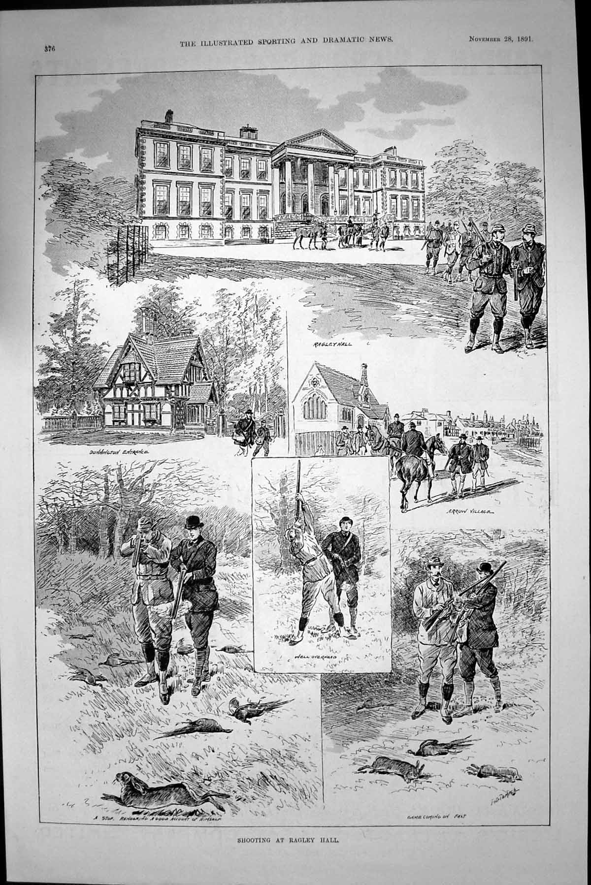 Old Antique Print Shooting Ragley Hall Hunting Arrow Village Sport 1891 19th