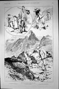 Original Old Antique Print 1891 Blue Hare Shooting Hunting Mountains Huntsmen