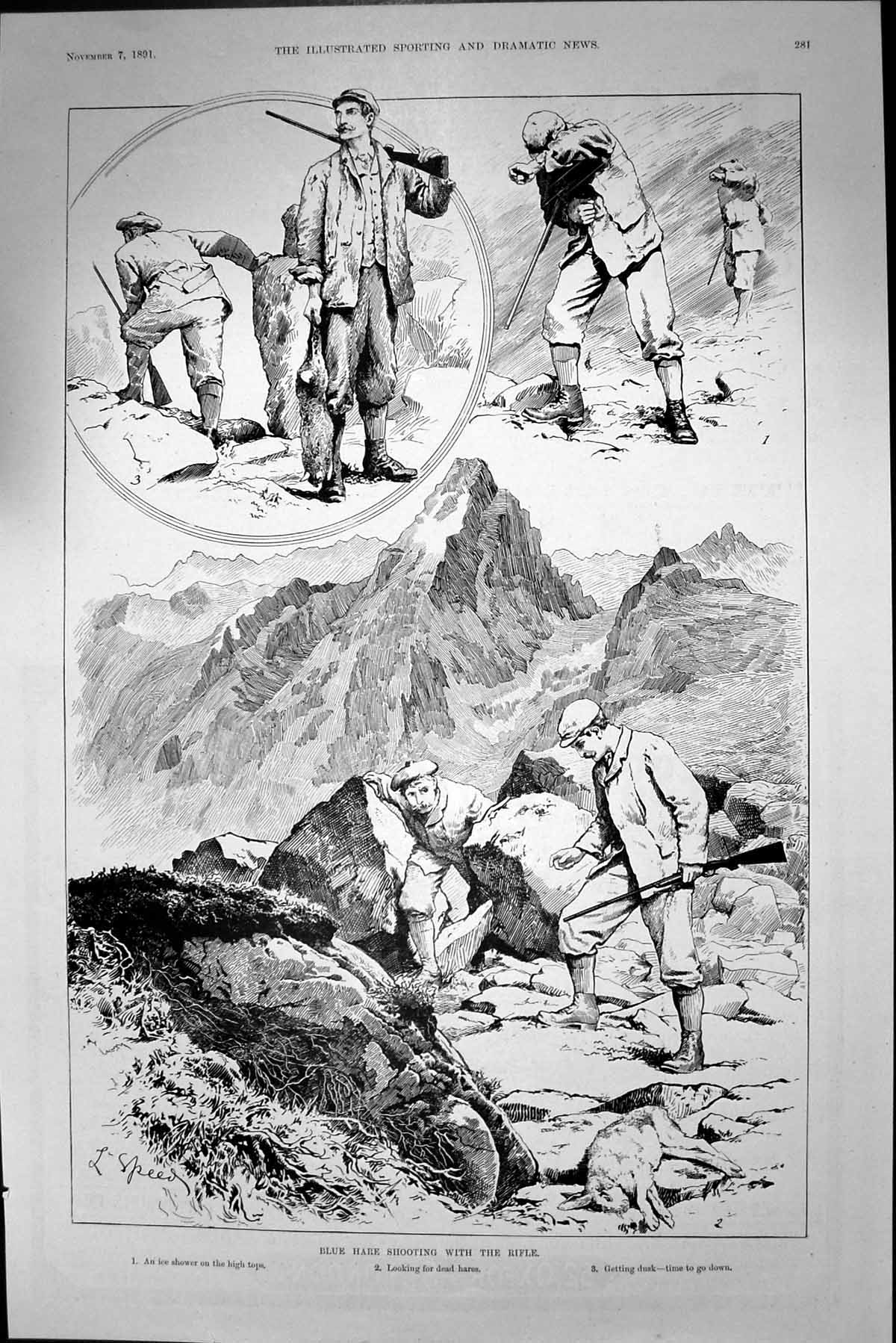 Original Old Antique Print 1891 Blue Hare Shooting Hunting Mountains Huntsmen