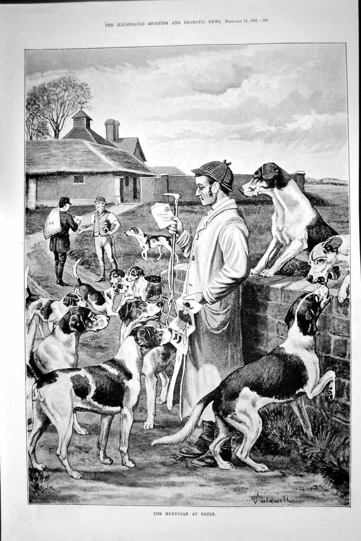 Original Old Antique Print 1891 Huntsman Fault Hounds Dogs Sport 19th