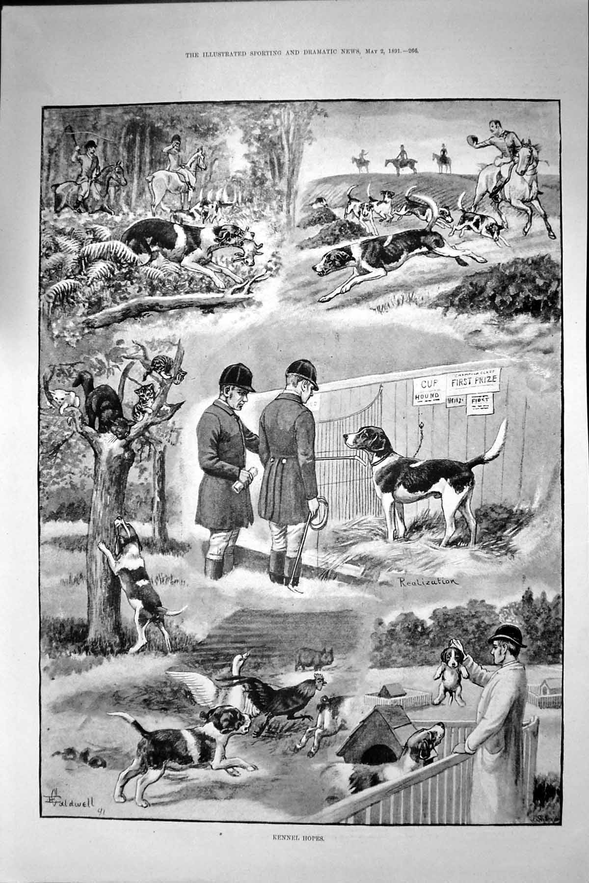 Old Antique Print 1891 Fox Hunting Kennel Hopes Hounds Dogs Farm Animals 19th