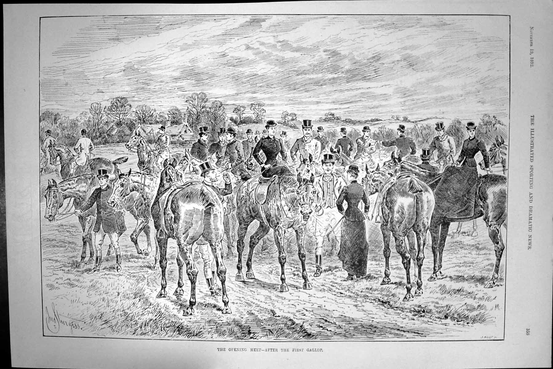 Antique Old Print 1892 Opening Meet Fox Hunting Horses Huntsmen Ladies Sport